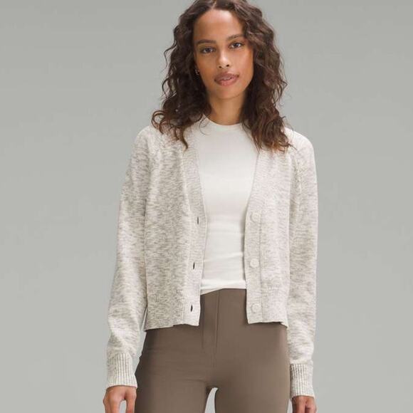 Lululemon Boxy Cotton Blend Cardigan Sweater Heather Bone White Raw Linen 1X - Picture 3 of 10